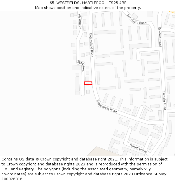 65, WESTFIELDS, HARTLEPOOL, TS25 4BF: Location map and indicative extent of plot