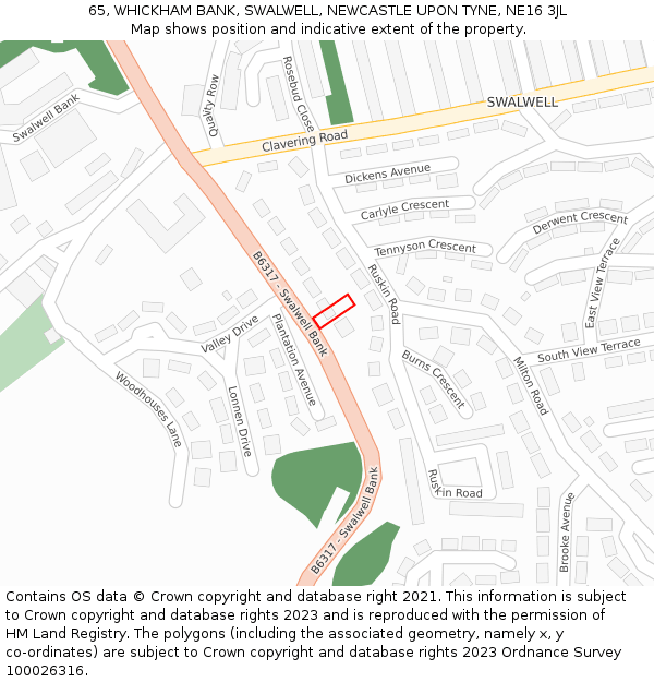 65, WHICKHAM BANK, SWALWELL, NEWCASTLE UPON TYNE, NE16 3JL: Location map and indicative extent of plot