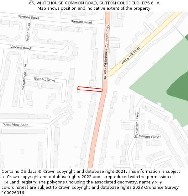 65, WHITEHOUSE COMMON ROAD, SUTTON COLDFIELD, B75 6HA: Location map and indicative extent of plot