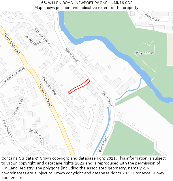 65, WILLEN ROAD, NEWPORT PAGNELL, MK16 0DE: Location map and indicative extent of plot