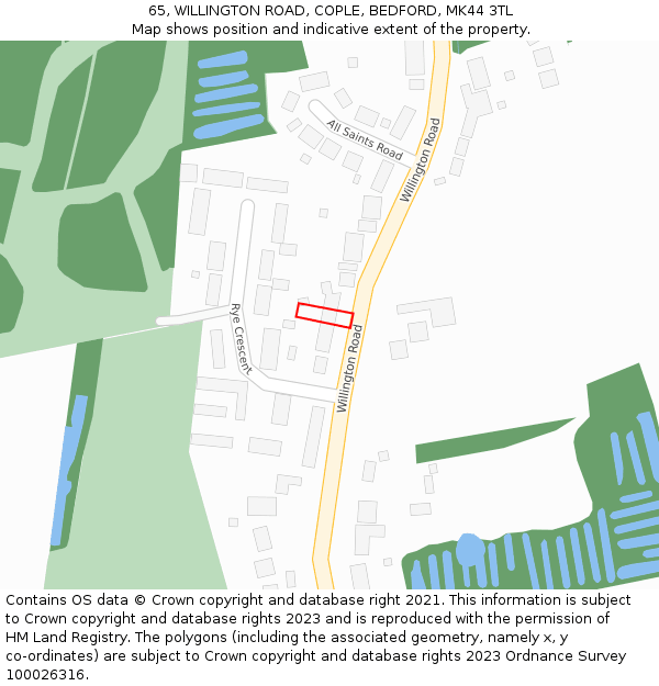 65, WILLINGTON ROAD, COPLE, BEDFORD, MK44 3TL: Location map and indicative extent of plot