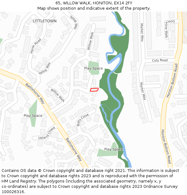 65, WILLOW WALK, HONITON, EX14 2FY: Location map and indicative extent of plot