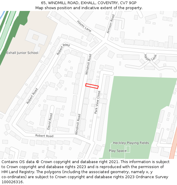 65, WINDMILL ROAD, EXHALL, COVENTRY, CV7 9GP: Location map and indicative extent of plot