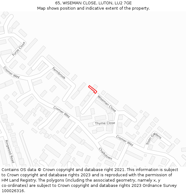 65, WISEMAN CLOSE, LUTON, LU2 7GE: Location map and indicative extent of plot