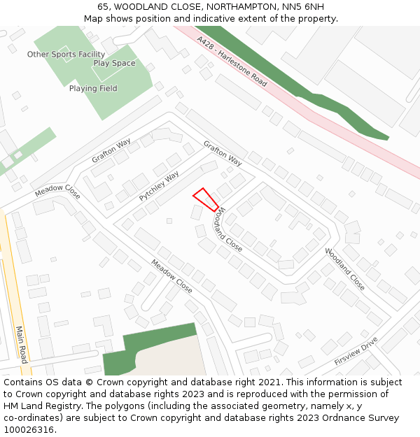 65, WOODLAND CLOSE, NORTHAMPTON, NN5 6NH: Location map and indicative extent of plot