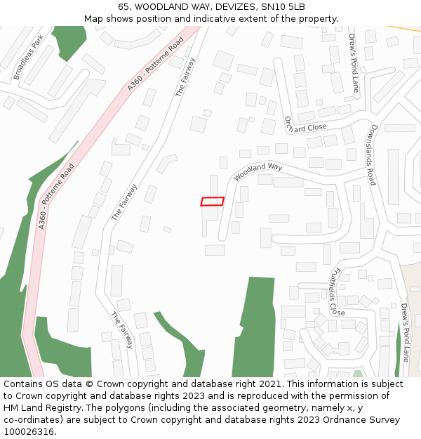 65, WOODLAND WAY, DEVIZES, SN10 5LB: Location map and indicative extent of plot