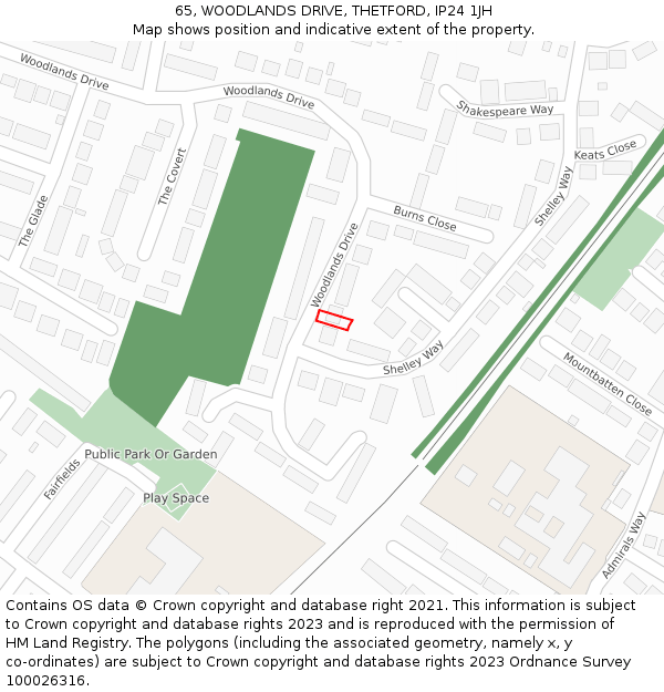 65, WOODLANDS DRIVE, THETFORD, IP24 1JH: Location map and indicative extent of plot