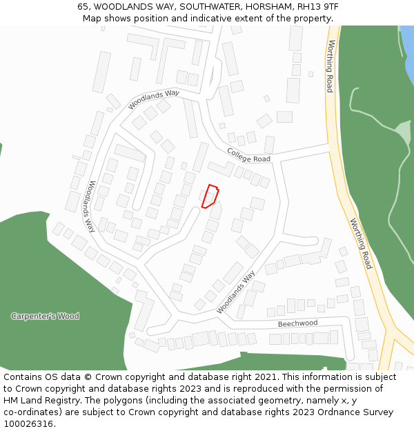 65, WOODLANDS WAY, SOUTHWATER, HORSHAM, RH13 9TF: Location map and indicative extent of plot