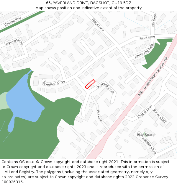 65, YAVERLAND DRIVE, BAGSHOT, GU19 5DZ: Location map and indicative extent of plot