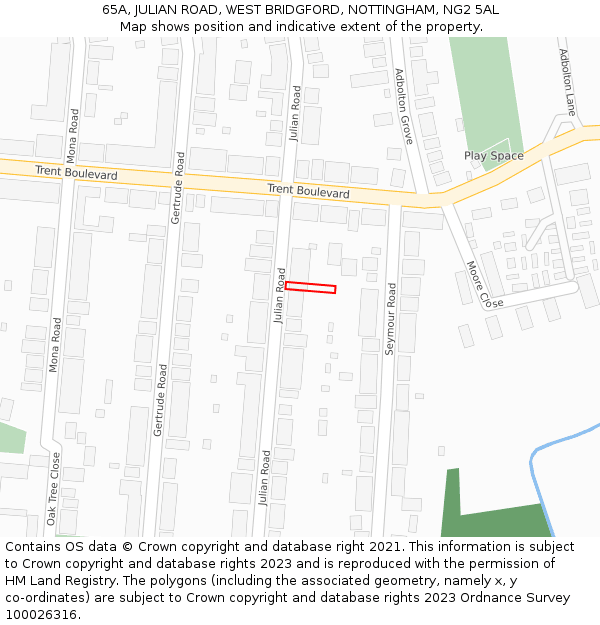 65A, JULIAN ROAD, WEST BRIDGFORD, NOTTINGHAM, NG2 5AL: Location map and indicative extent of plot