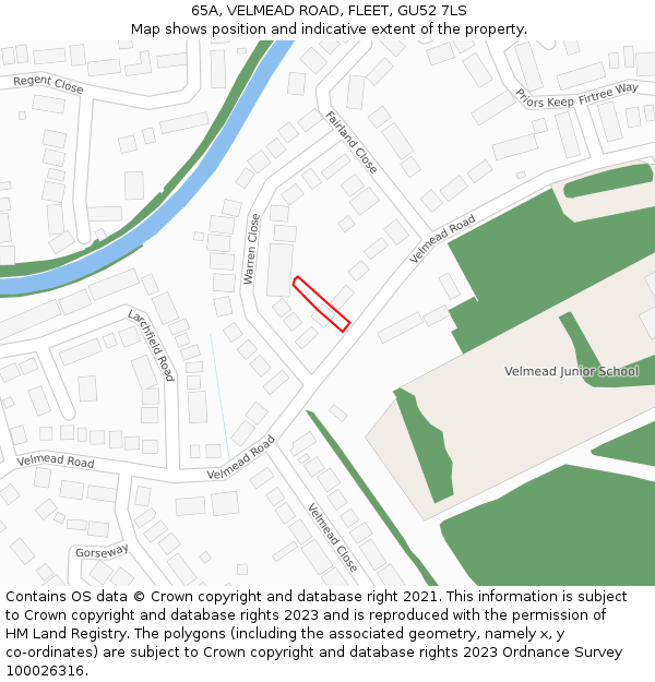 65A, VELMEAD ROAD, FLEET, GU52 7LS: Location map and indicative extent of plot