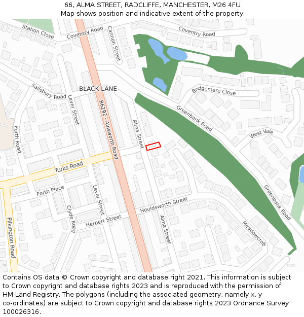 66, ALMA STREET, RADCLIFFE, MANCHESTER, M26 4FU: Location map and indicative extent of plot