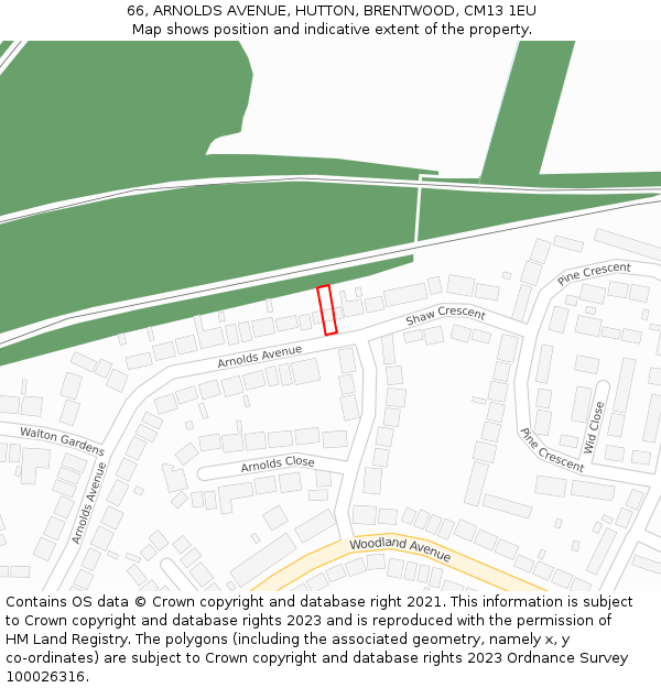 66, ARNOLDS AVENUE, HUTTON, BRENTWOOD, CM13 1EU: Location map and indicative extent of plot