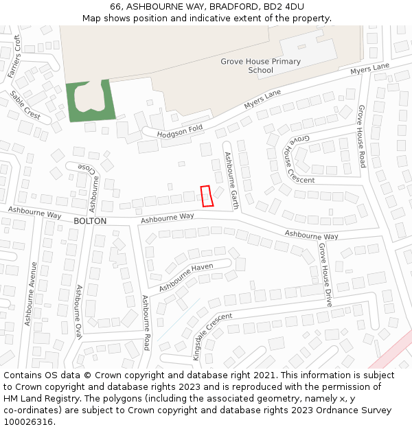 66, ASHBOURNE WAY, BRADFORD, BD2 4DU: Location map and indicative extent of plot