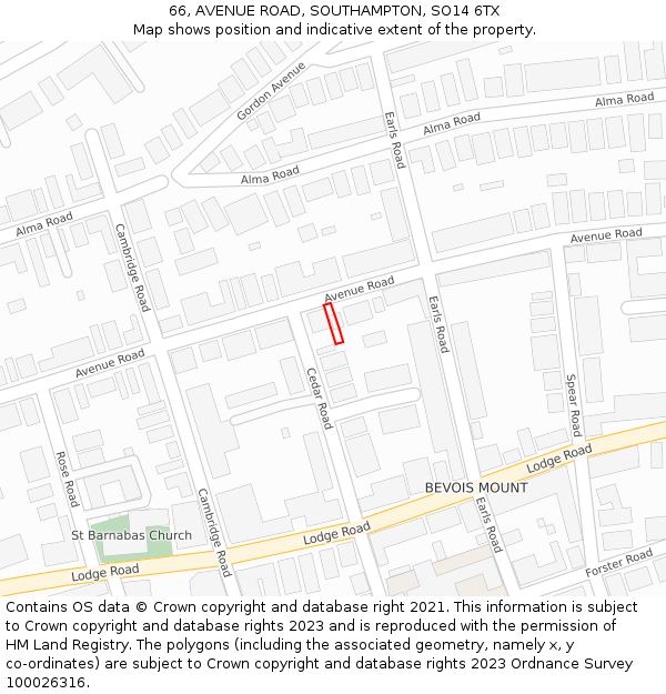 66, AVENUE ROAD, SOUTHAMPTON, SO14 6TX: Location map and indicative extent of plot