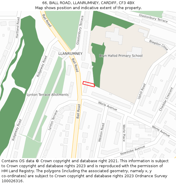 66, BALL ROAD, LLANRUMNEY, CARDIFF, CF3 4BX: Location map and indicative extent of plot