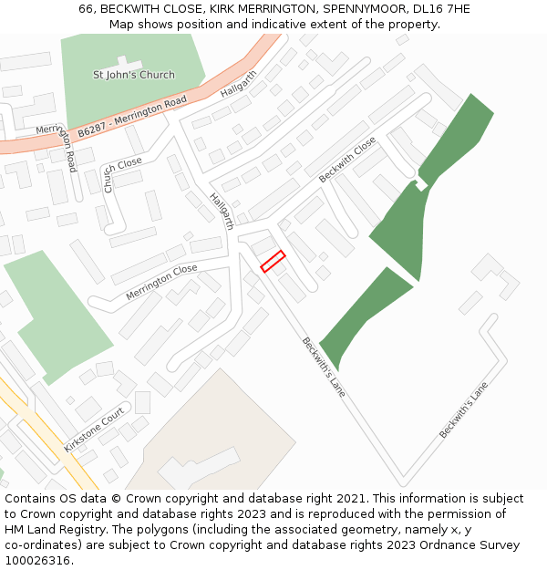 66, BECKWITH CLOSE, KIRK MERRINGTON, SPENNYMOOR, DL16 7HE: Location map and indicative extent of plot
