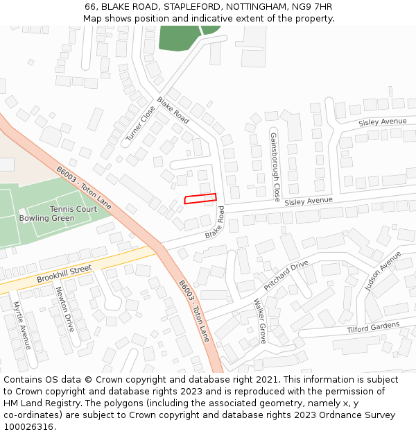 66, BLAKE ROAD, STAPLEFORD, NOTTINGHAM, NG9 7HR: Location map and indicative extent of plot