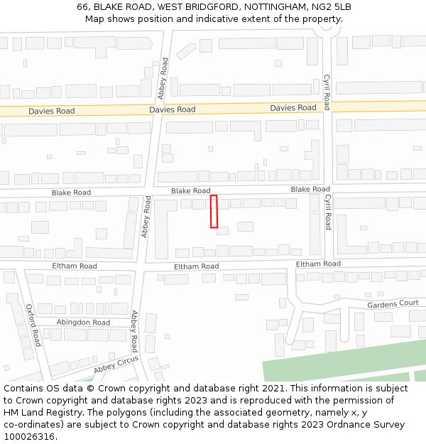 66, BLAKE ROAD, WEST BRIDGFORD, NOTTINGHAM, NG2 5LB: Location map and indicative extent of plot