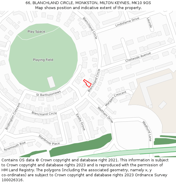 66, BLANCHLAND CIRCLE, MONKSTON, MILTON KEYNES, MK10 9GS: Location map and indicative extent of plot