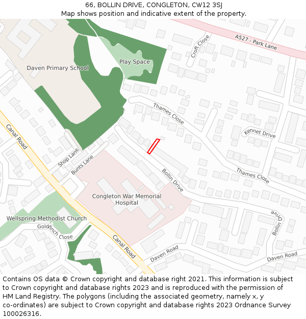 66, BOLLIN DRIVE, CONGLETON, CW12 3SJ: Location map and indicative extent of plot