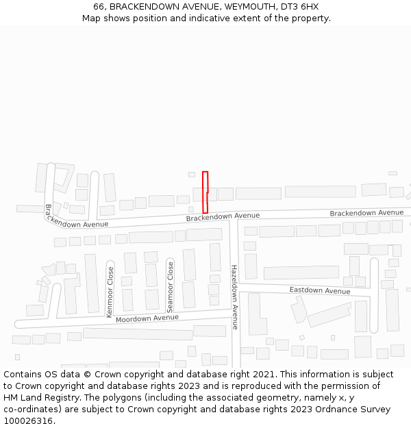 66, BRACKENDOWN AVENUE, WEYMOUTH, DT3 6HX: Location map and indicative extent of plot