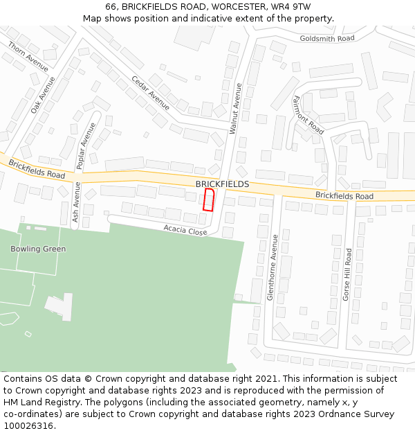 66, BRICKFIELDS ROAD, WORCESTER, WR4 9TW: Location map and indicative extent of plot