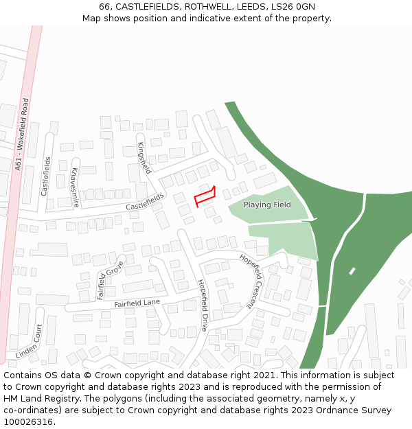 66, CASTLEFIELDS, ROTHWELL, LEEDS, LS26 0GN: Location map and indicative extent of plot