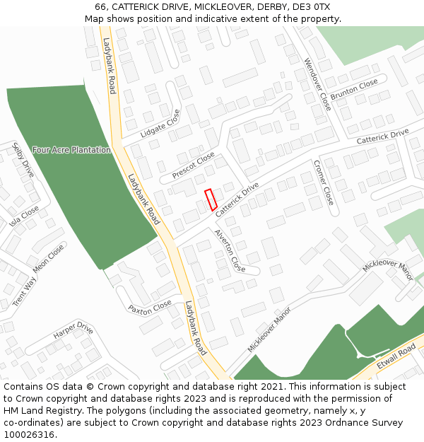 66, CATTERICK DRIVE, MICKLEOVER, DERBY, DE3 0TX: Location map and indicative extent of plot