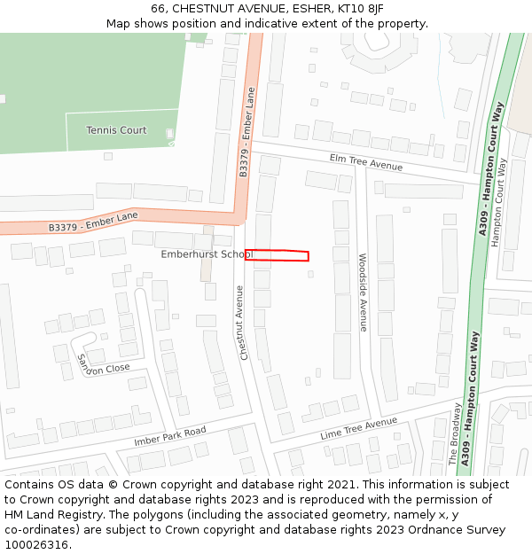 66, CHESTNUT AVENUE, ESHER, KT10 8JF: Location map and indicative extent of plot