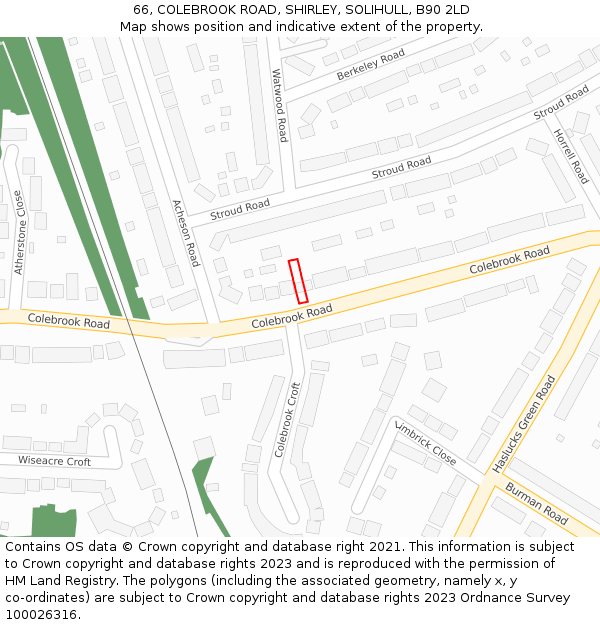 66, COLEBROOK ROAD, SHIRLEY, SOLIHULL, B90 2LD: Location map and indicative extent of plot