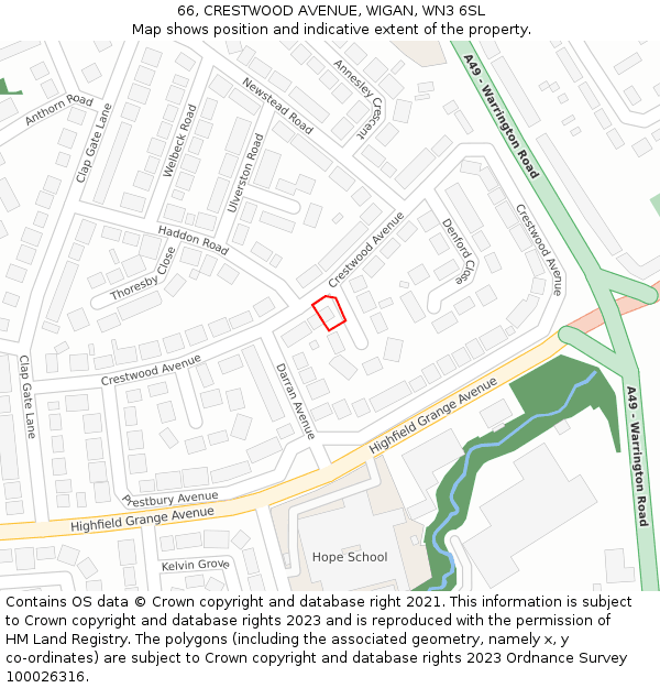 66, CRESTWOOD AVENUE, WIGAN, WN3 6SL: Location map and indicative extent of plot