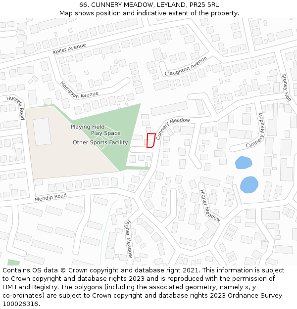 66, CUNNERY MEADOW, LEYLAND, PR25 5RL: Location map and indicative extent of plot