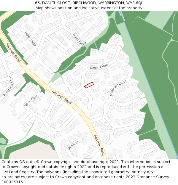 66, DANIEL CLOSE, BIRCHWOOD, WARRINGTON, WA3 6QL: Location map and indicative extent of plot