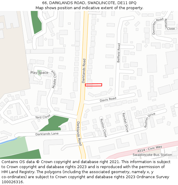 66, DARKLANDS ROAD, SWADLINCOTE, DE11 0PQ: Location map and indicative extent of plot