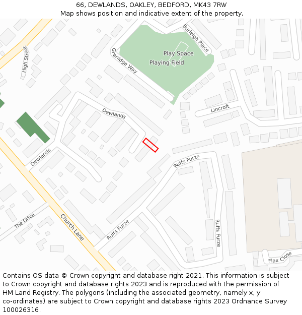 66, DEWLANDS, OAKLEY, BEDFORD, MK43 7RW: Location map and indicative extent of plot