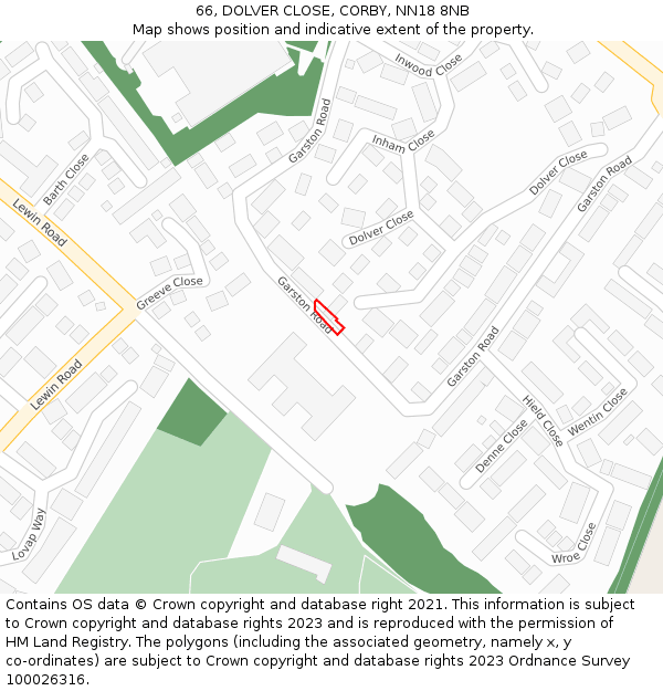 66, DOLVER CLOSE, CORBY, NN18 8NB: Location map and indicative extent of plot