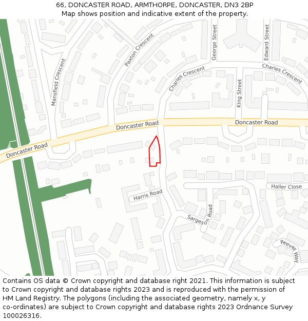 66, DONCASTER ROAD, ARMTHORPE, DONCASTER, DN3 2BP: Location map and indicative extent of plot