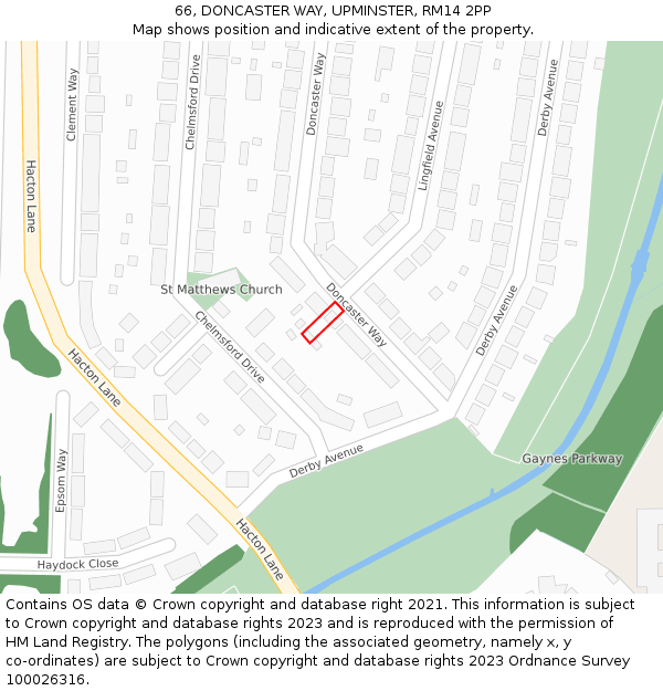 66, DONCASTER WAY, UPMINSTER, RM14 2PP: Location map and indicative extent of plot