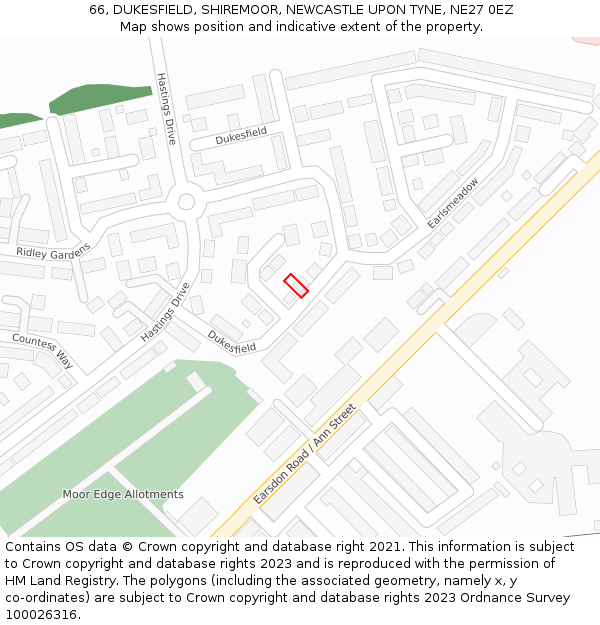 66, DUKESFIELD, SHIREMOOR, NEWCASTLE UPON TYNE, NE27 0EZ: Location map and indicative extent of plot