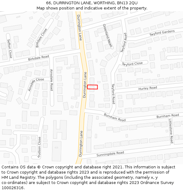 66, DURRINGTON LANE, WORTHING, BN13 2QU: Location map and indicative extent of plot