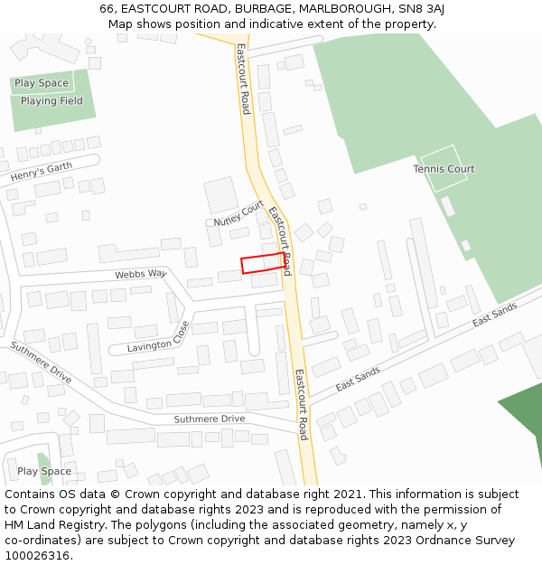 66, EASTCOURT ROAD, BURBAGE, MARLBOROUGH, SN8 3AJ: Location map and indicative extent of plot