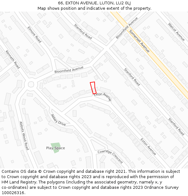 66, EXTON AVENUE, LUTON, LU2 0LJ: Location map and indicative extent of plot