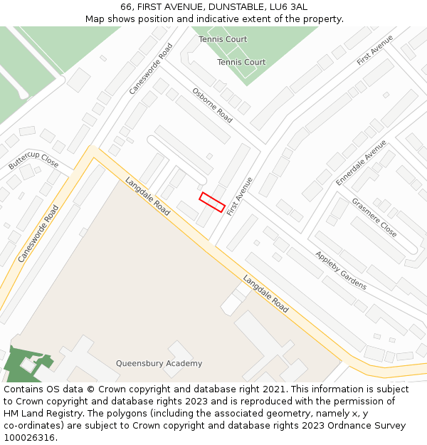 66, FIRST AVENUE, DUNSTABLE, LU6 3AL: Location map and indicative extent of plot