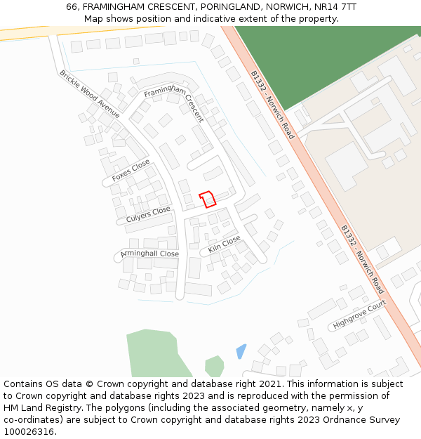 66, FRAMINGHAM CRESCENT, PORINGLAND, NORWICH, NR14 7TT: Location map and indicative extent of plot