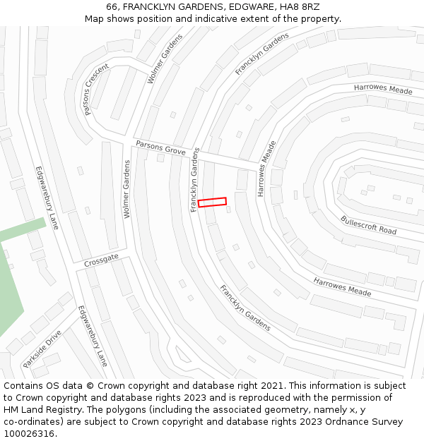 66, FRANCKLYN GARDENS, EDGWARE, HA8 8RZ: Location map and indicative extent of plot