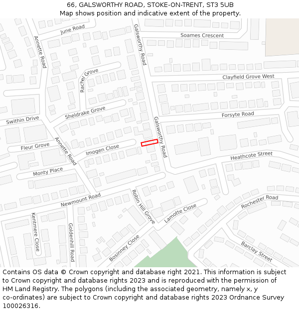 66, GALSWORTHY ROAD, STOKE-ON-TRENT, ST3 5UB: Location map and indicative extent of plot