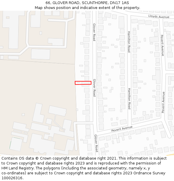 66, GLOVER ROAD, SCUNTHORPE, DN17 1AS: Location map and indicative extent of plot