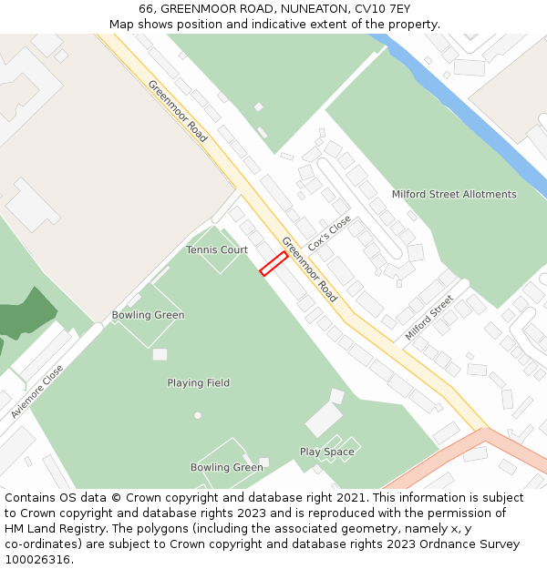 66, GREENMOOR ROAD, NUNEATON, CV10 7EY: Location map and indicative extent of plot