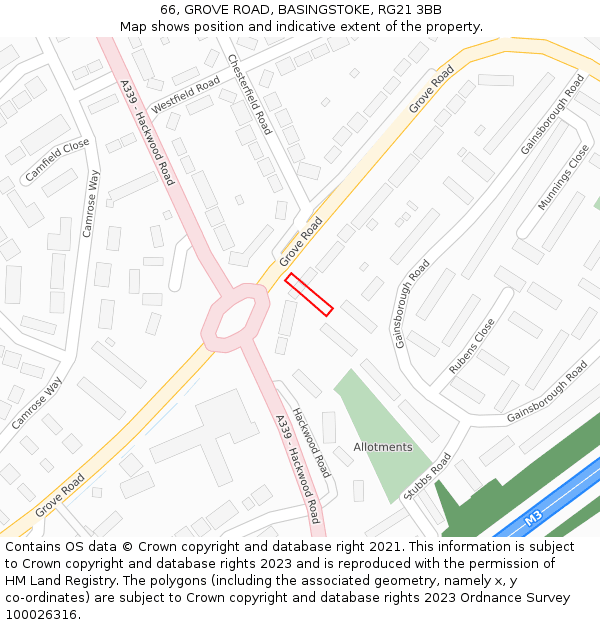 66, GROVE ROAD, BASINGSTOKE, RG21 3BB: Location map and indicative extent of plot